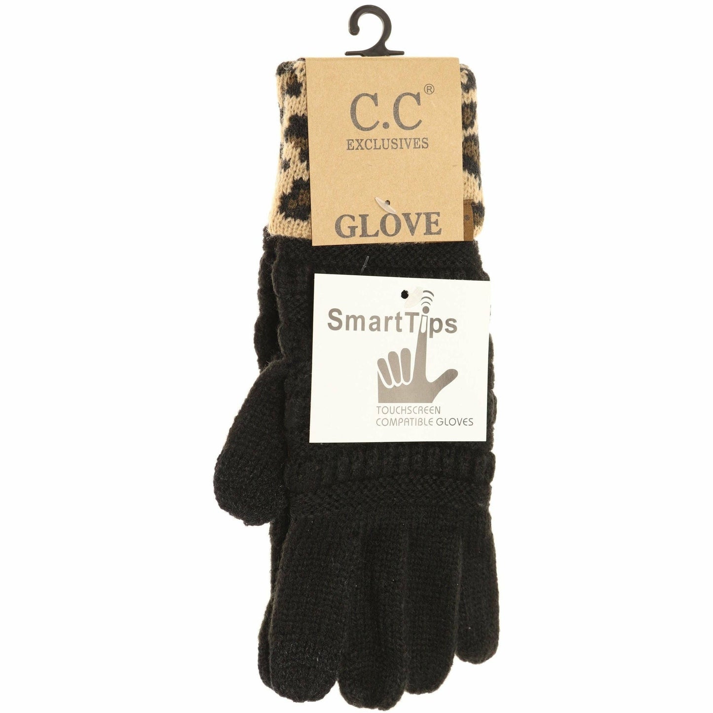 Solid Cable Knit Leopard Cuff CC Women's Gloves