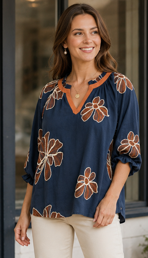 A woman stands on a porch wearing a navy blue blouse with a brown and tan floral pattern, paired with cream cropped pants and brown ankle boots.