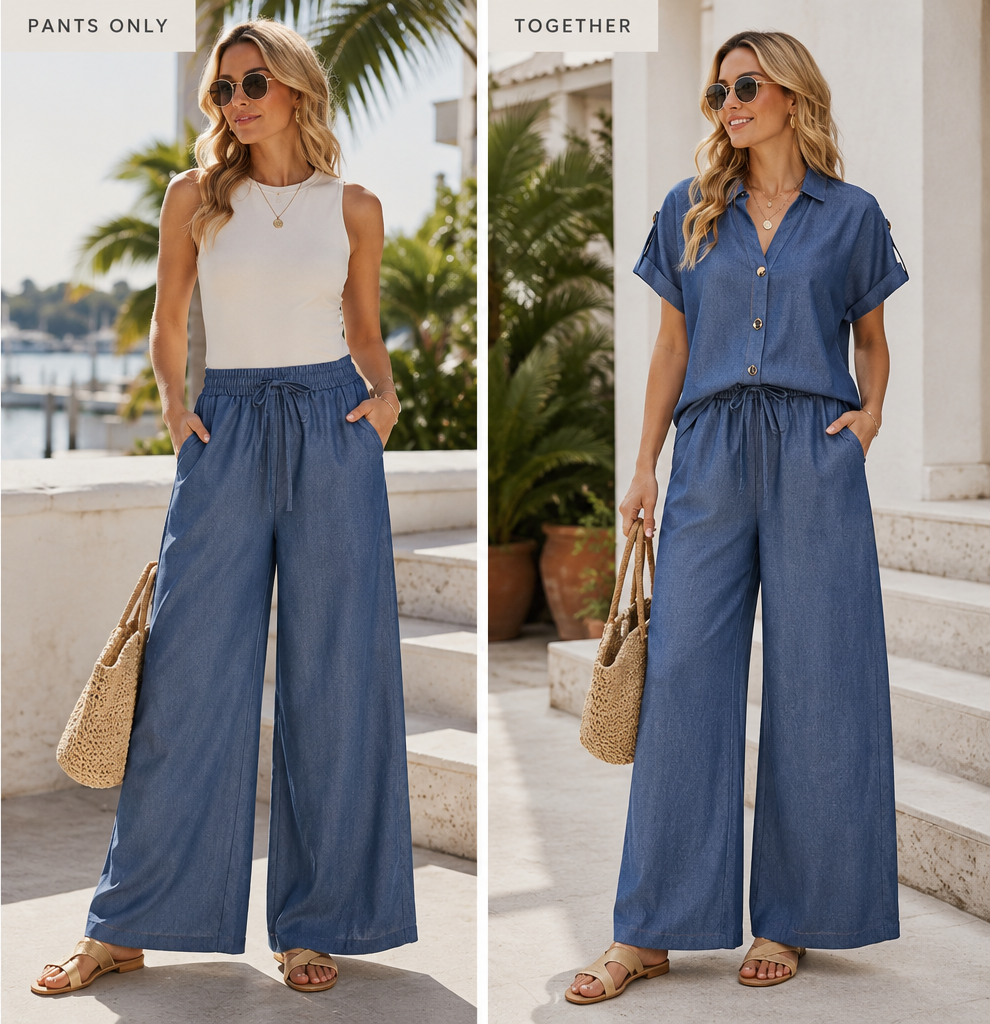 She + Sky Blue Wide Leg Drawstring Pants
