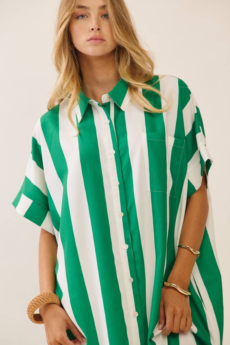 Vertical Stripe Short Sleeve Button-Up Shirt by Oddi, front view