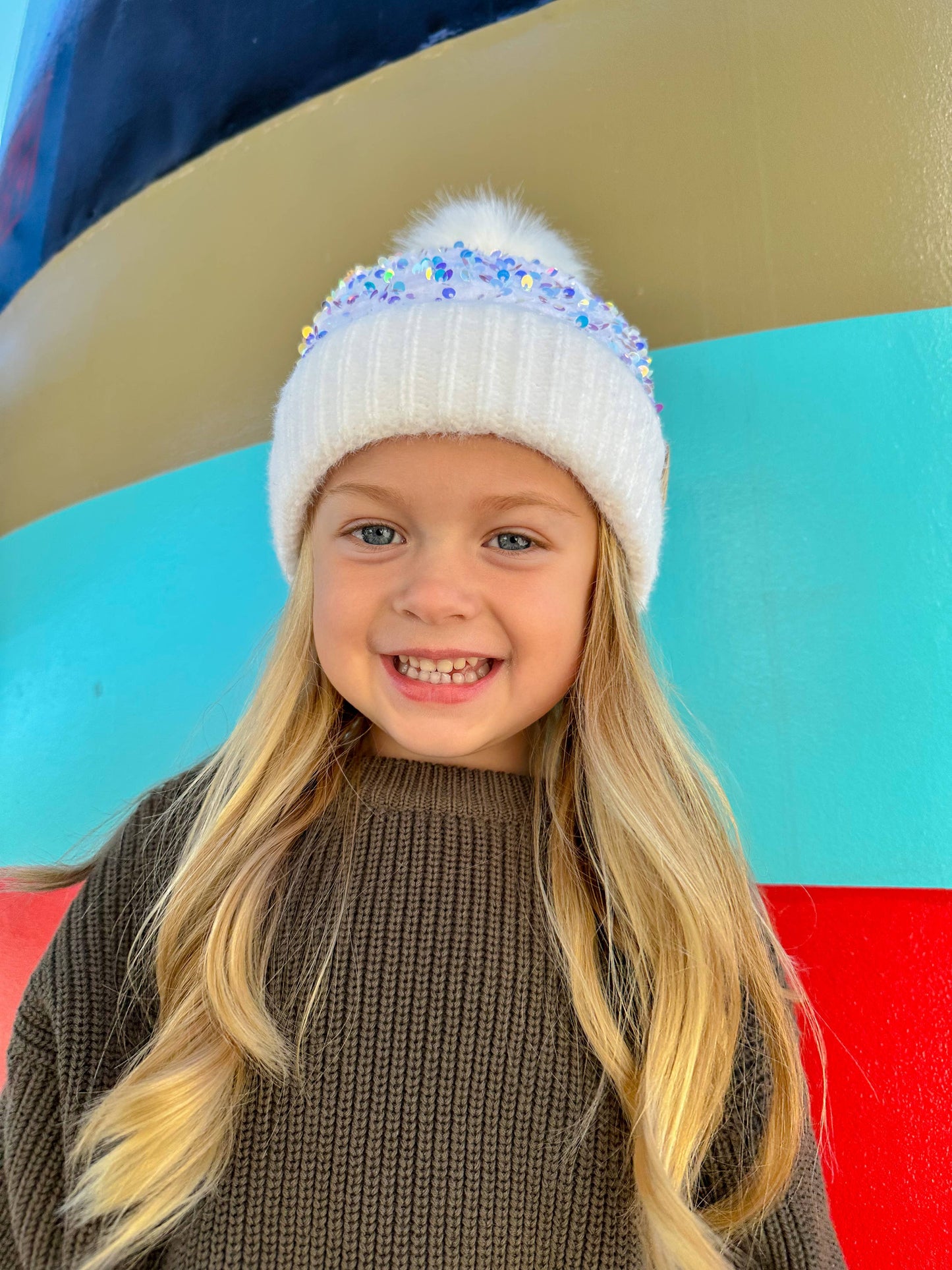 C.C. Kids Sequin Faux Fur Pom Beanie