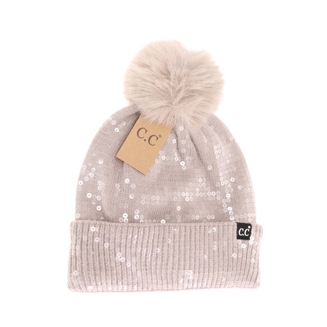 C.C Allover Clear Sequin Faux Fur Pom Beanie