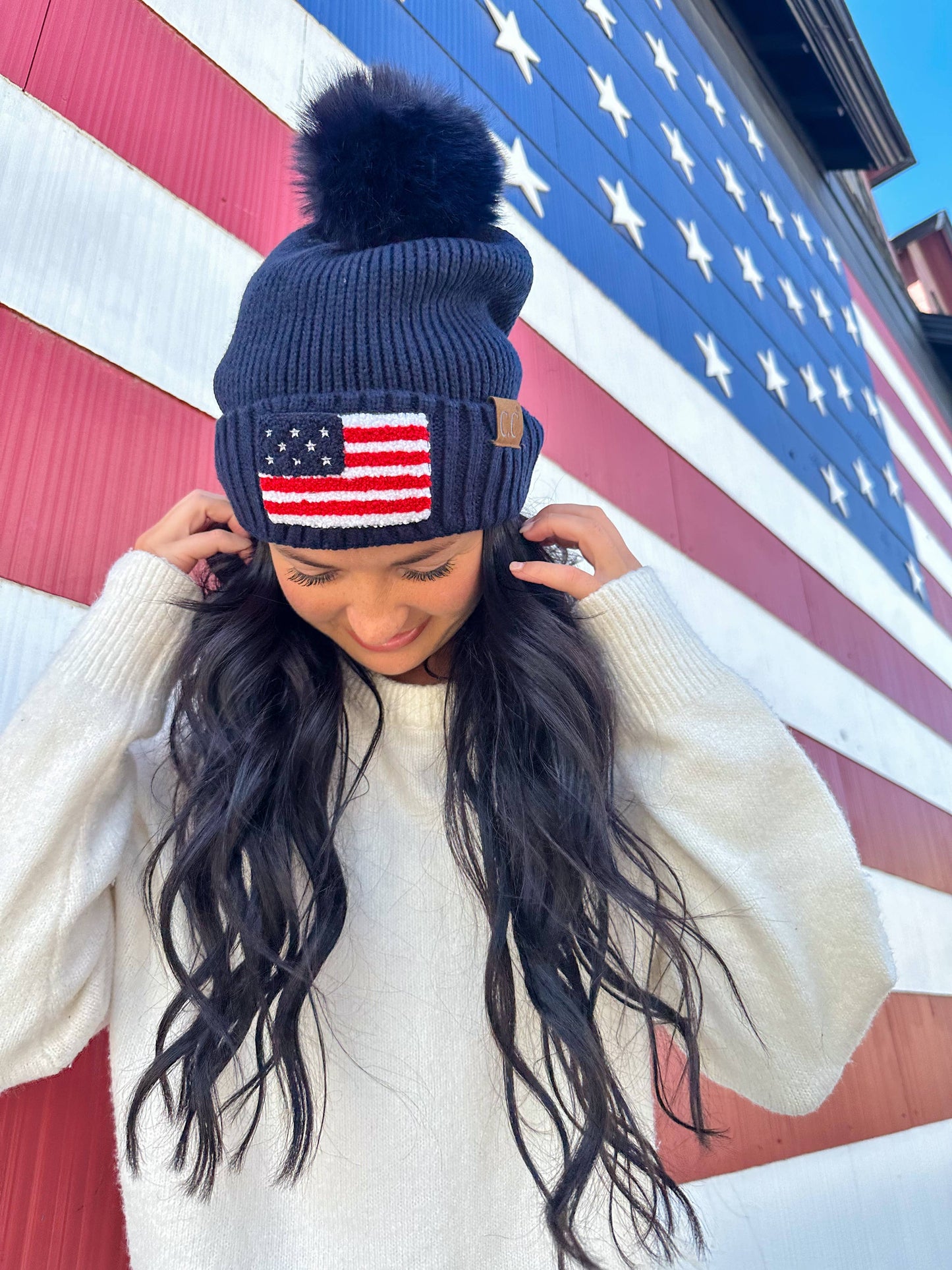 USA Chenille Patch Faux Fur Pom C.C Beanie