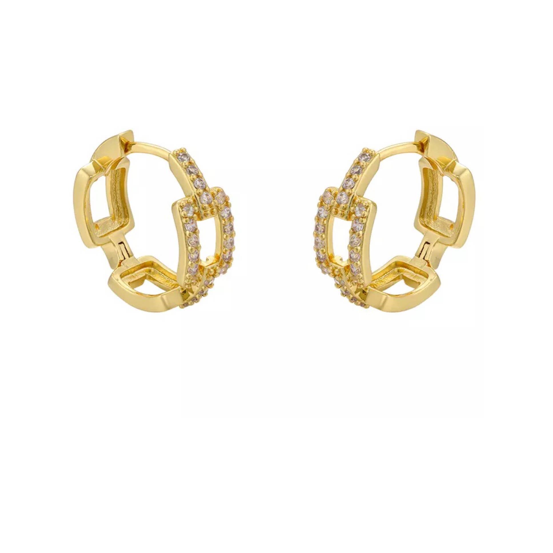 Gold hoop earrings with embedded stones on a white background
