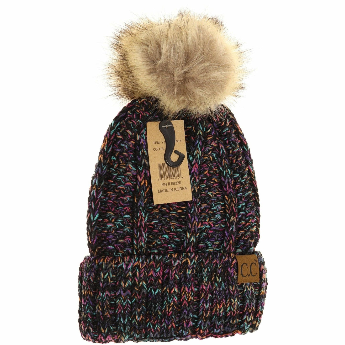 Fuzzy Lined Multi Tone Fur Pom CC Beanie