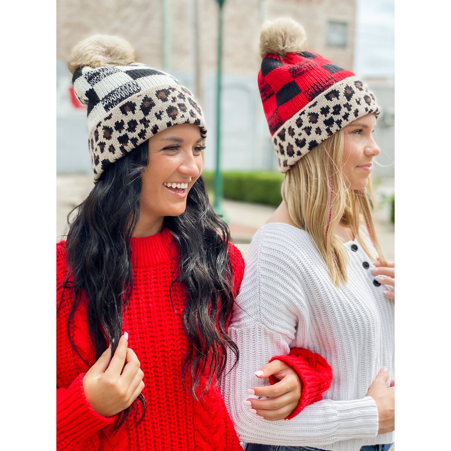 C.C Leopard/Buffalo Mixed Print Fur Pom C.C Beanie