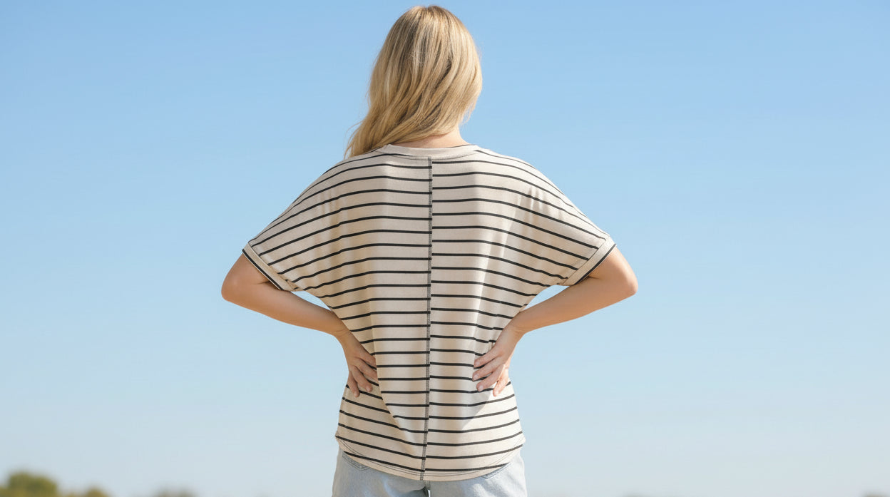 Striped Oversized Tee – Black and Cream Casual Short Sleeve Top