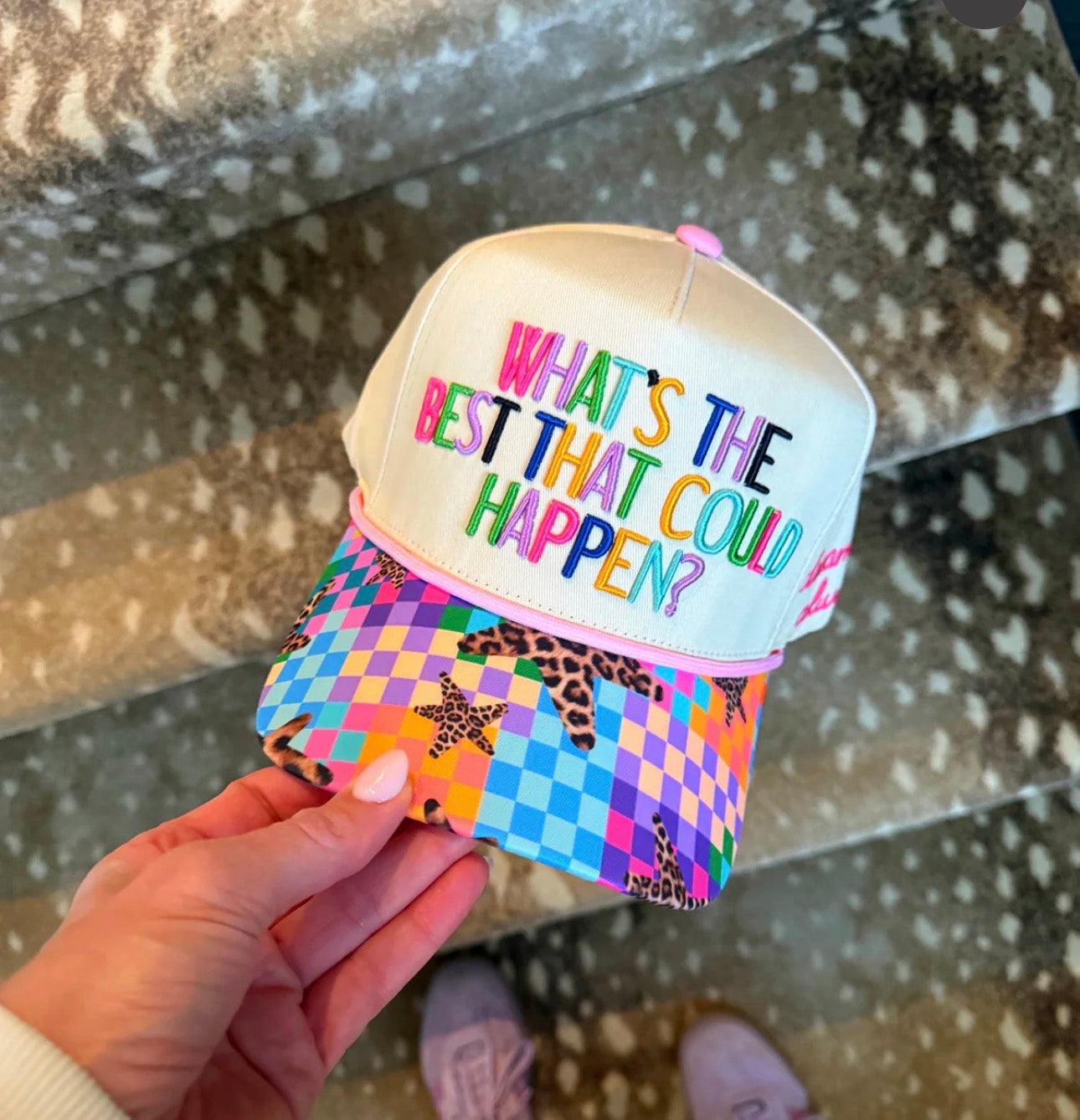 Whats The Best That Could Happen Hat by Poppy and Pine - front view with colorful multicolor embroidery and rainbow checkered brim