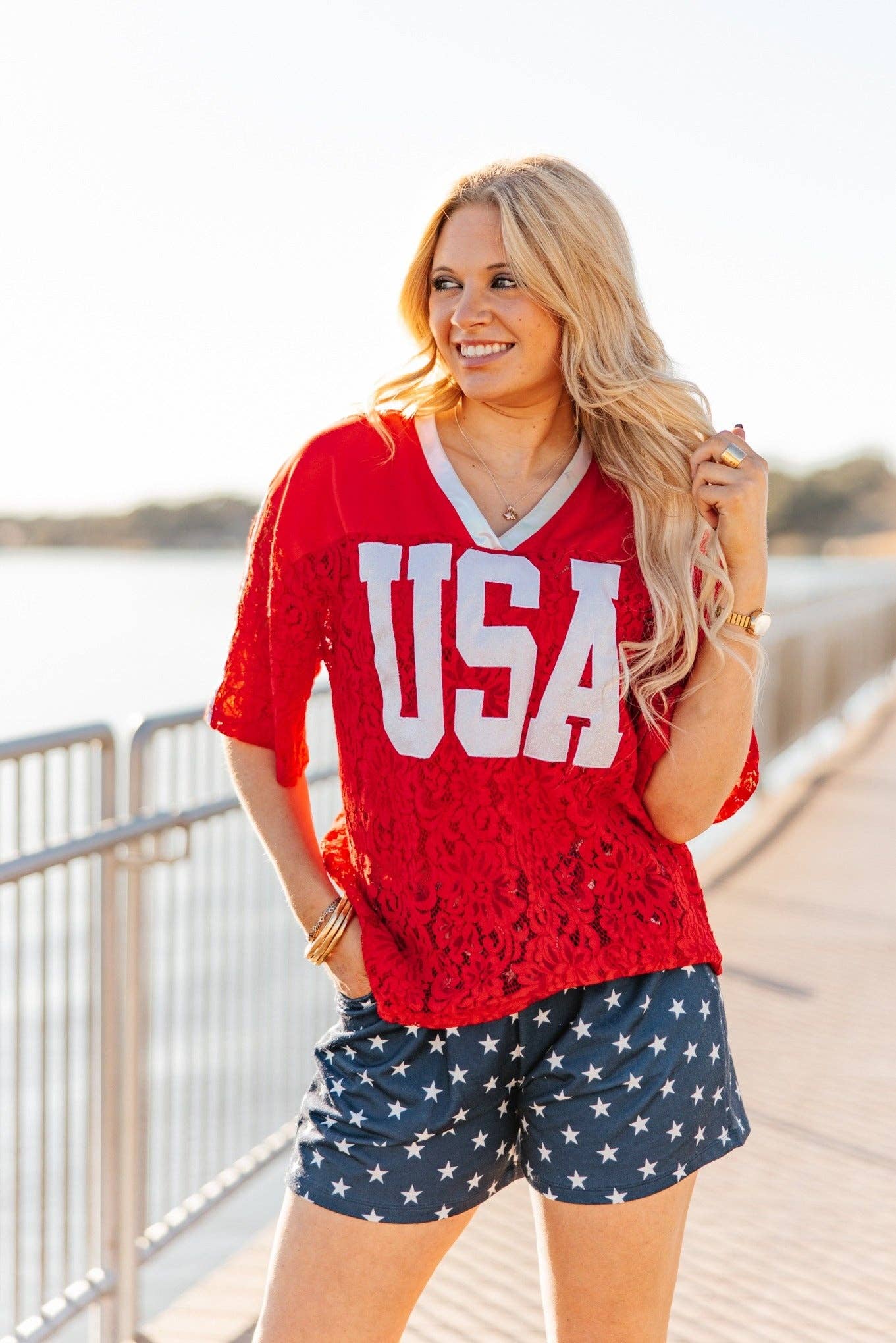 Grace + Emma Red USA Lace Jersey Top