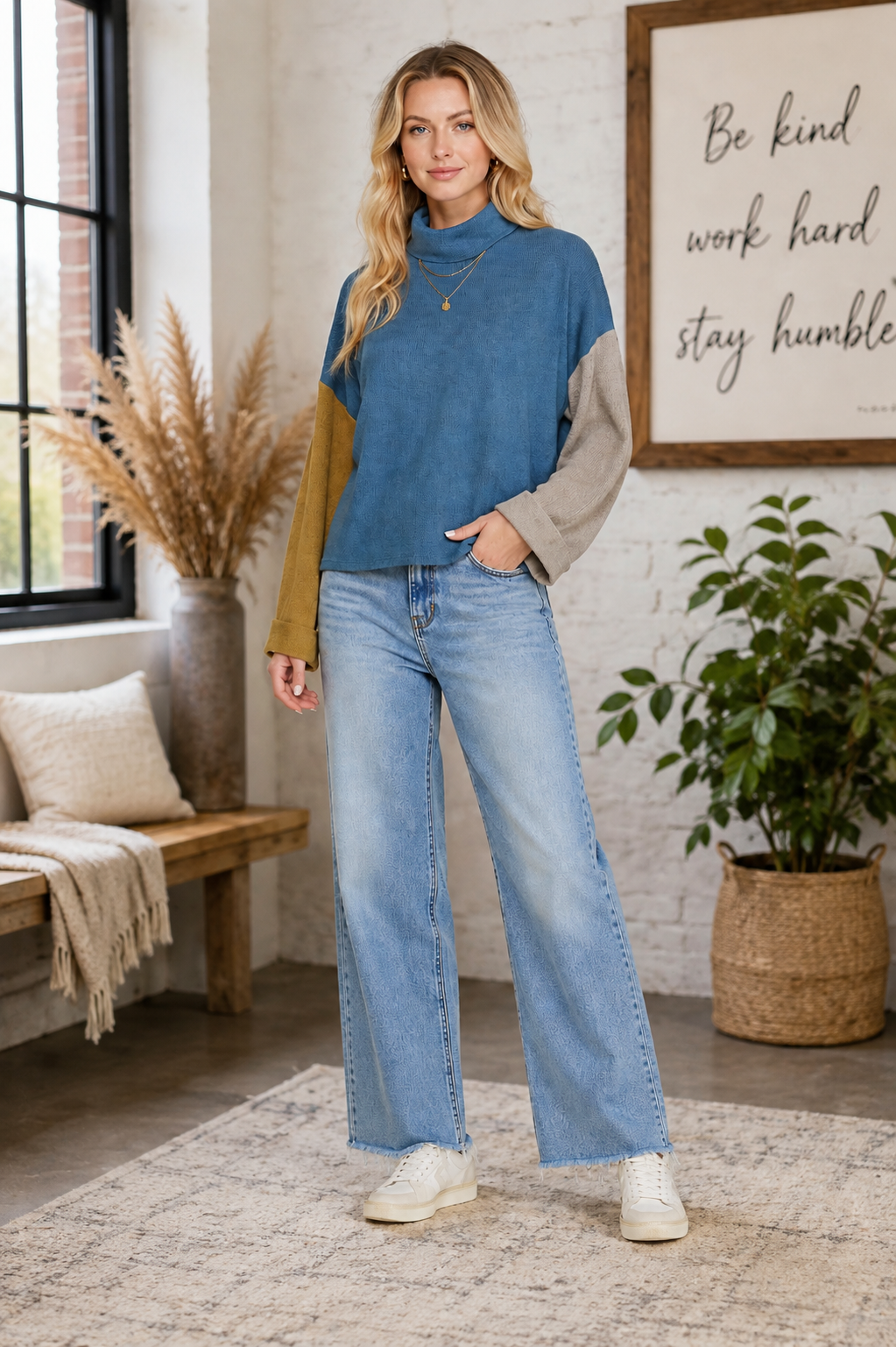 Mock Neck Color Block Sweater