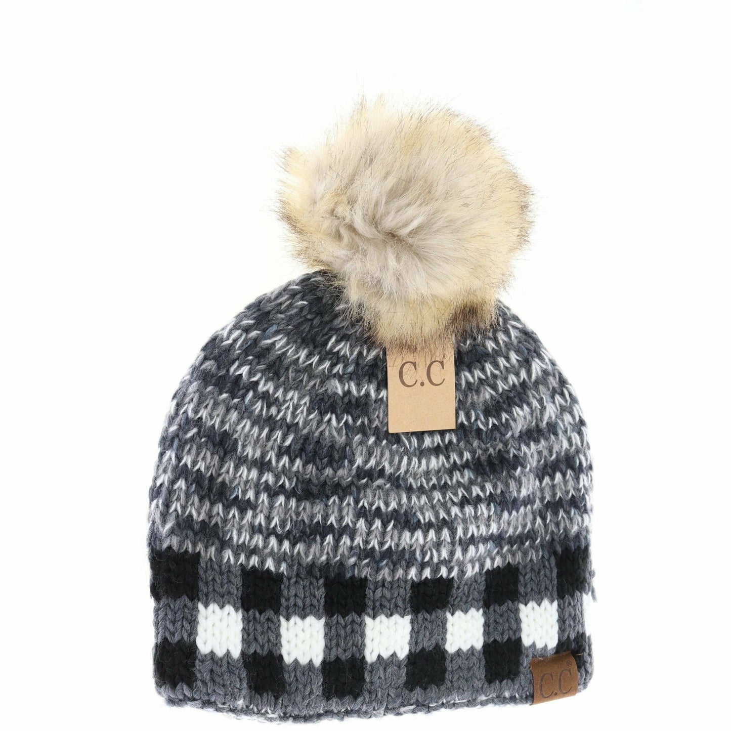 Buffalo Check Mixed Print Fur Pom C.C Beanie
