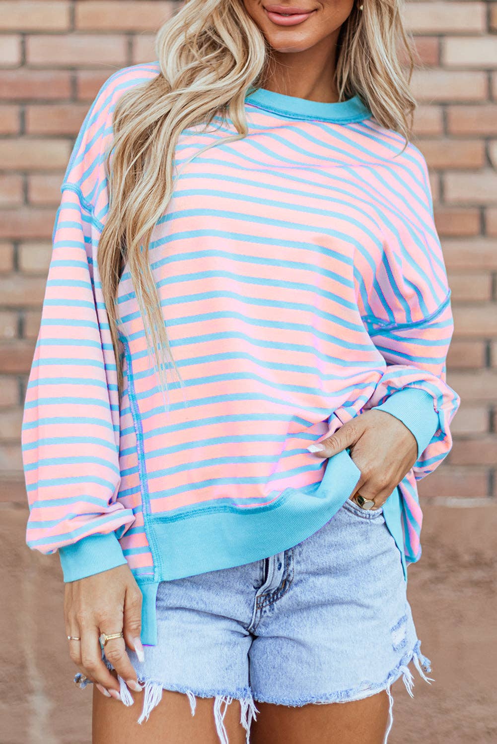 Pink Stripe High Low Sweatshirt