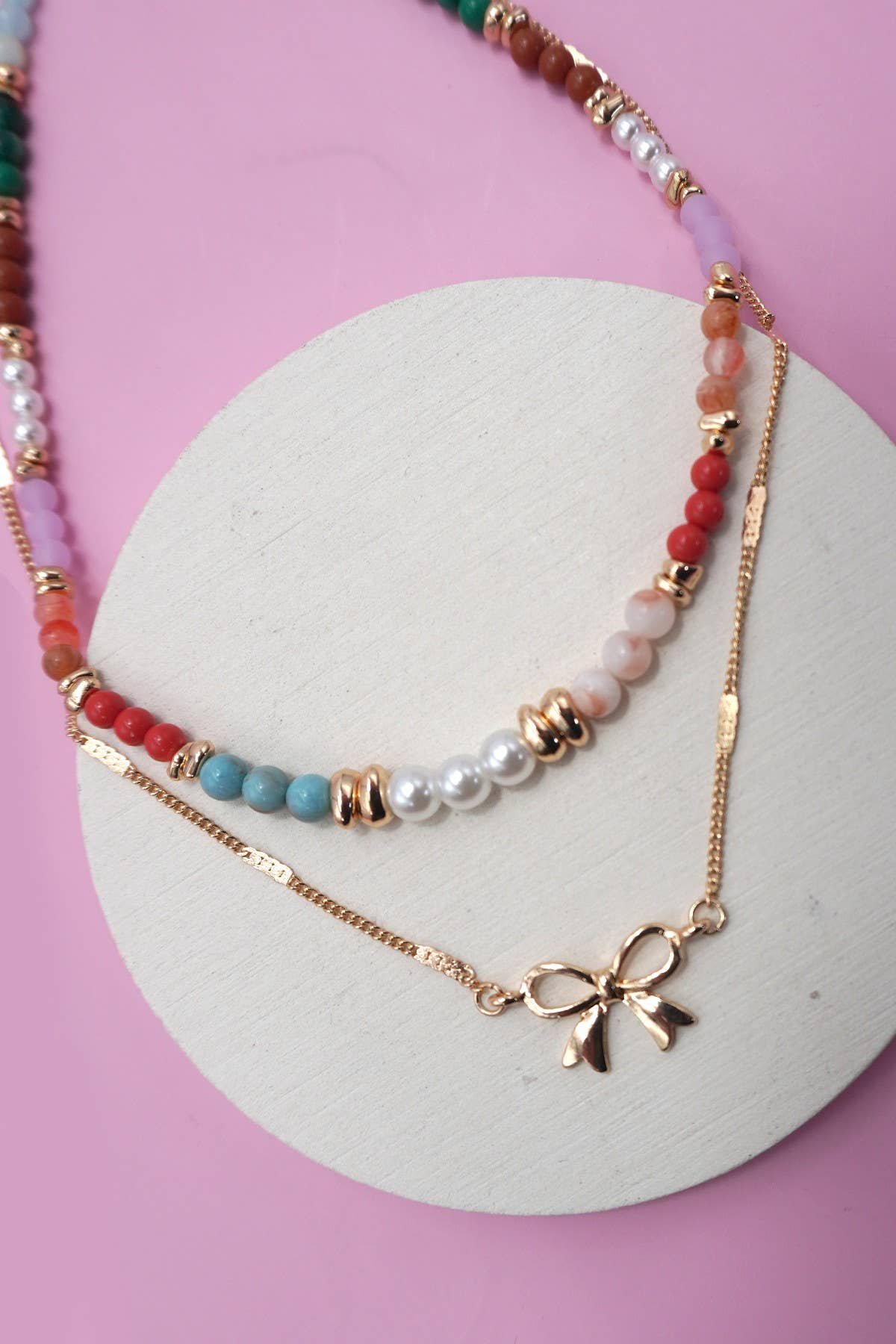 Multi Beaded Double Layer Bow Necklace