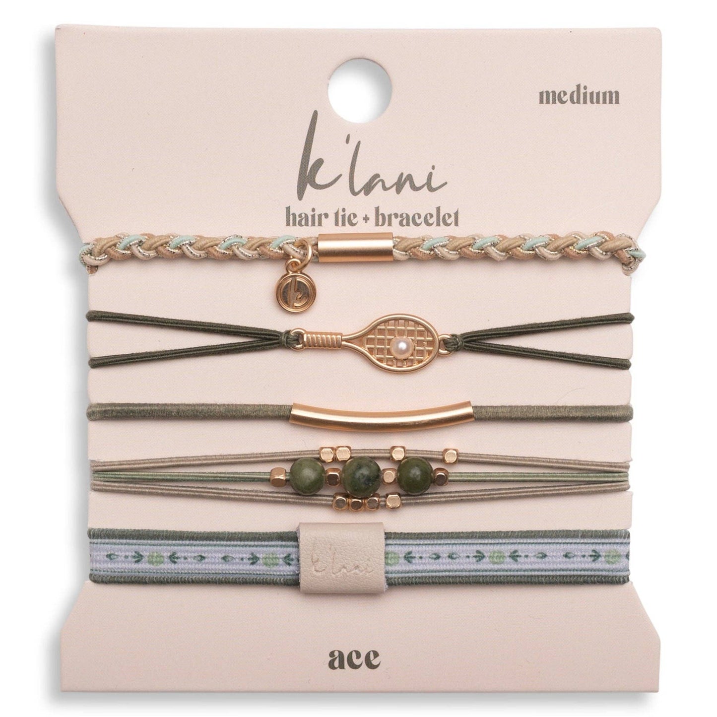 K’Lani Ace Green and Gold Tennis Racket Charm Hair Tie Bracelets