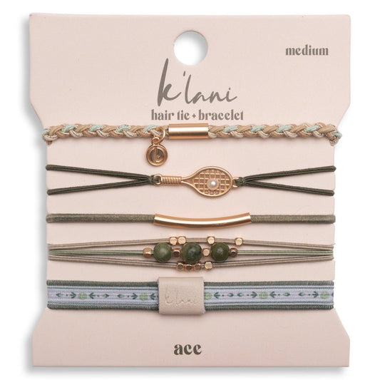 K’Lani Ace Green and Gold Tennis Racket Charm Hair Tie Bracelets