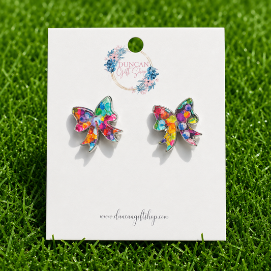 Rainbow Mosaic Bow Stud Earrings