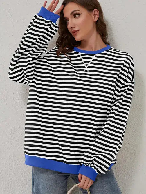 Trendy Oversized Striped Sweatshirt with Bold Trim