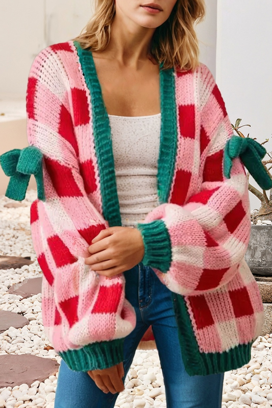 Holiday Check Bow Sleeve Cardigan