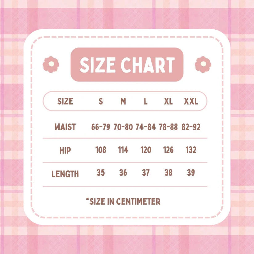 Size chart on a pink plaid background