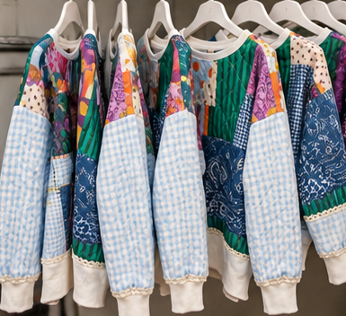 A close-up of several patchwork quilted sweaters hanging on white plastic hangers. The sweaters feature colorful floral and paisley quilted panels combined with light blue and white gingham sleeves, cream ribbed cuffs and hem, and small lace trims.