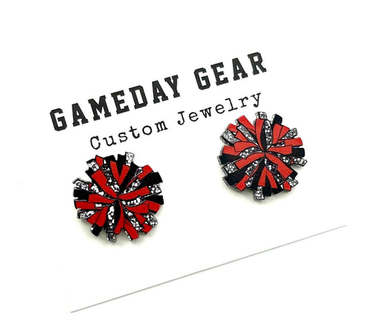 Red & Black Pom Stud Earrings