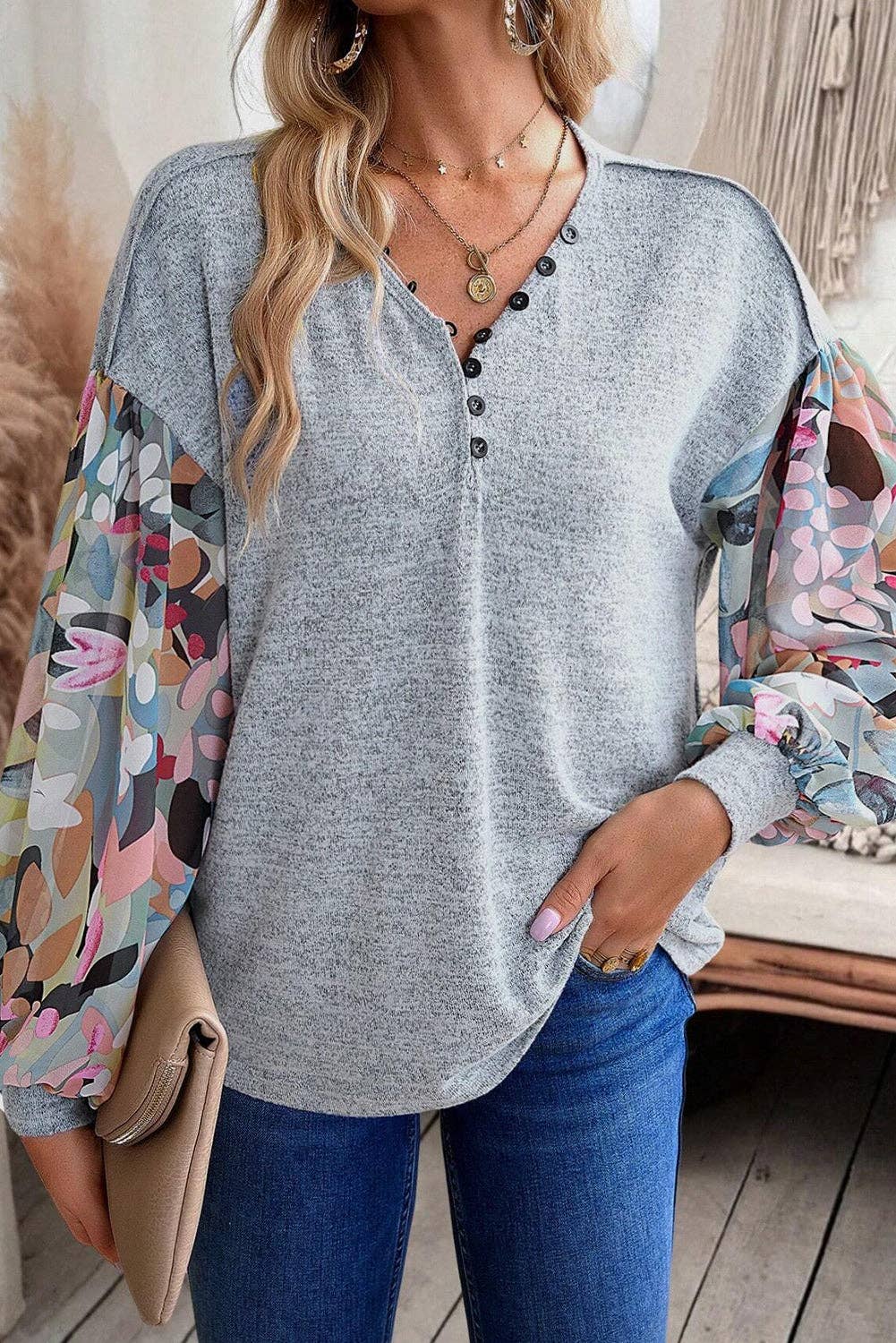 Gray Floral Lantern Sleeve Top