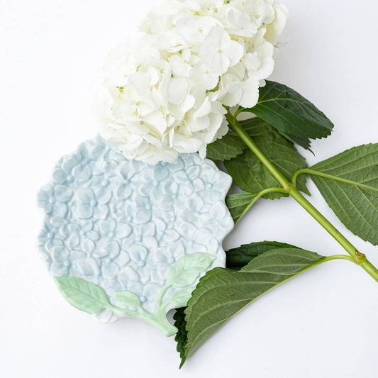 hydrangea shaped ceramic dessert plate with blue floral design