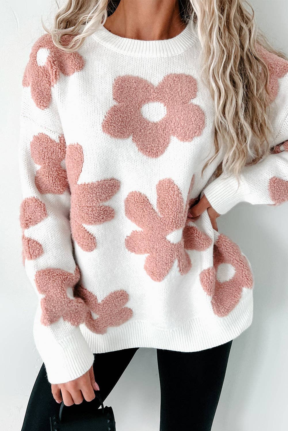 White Textured Flower Loose Sweater