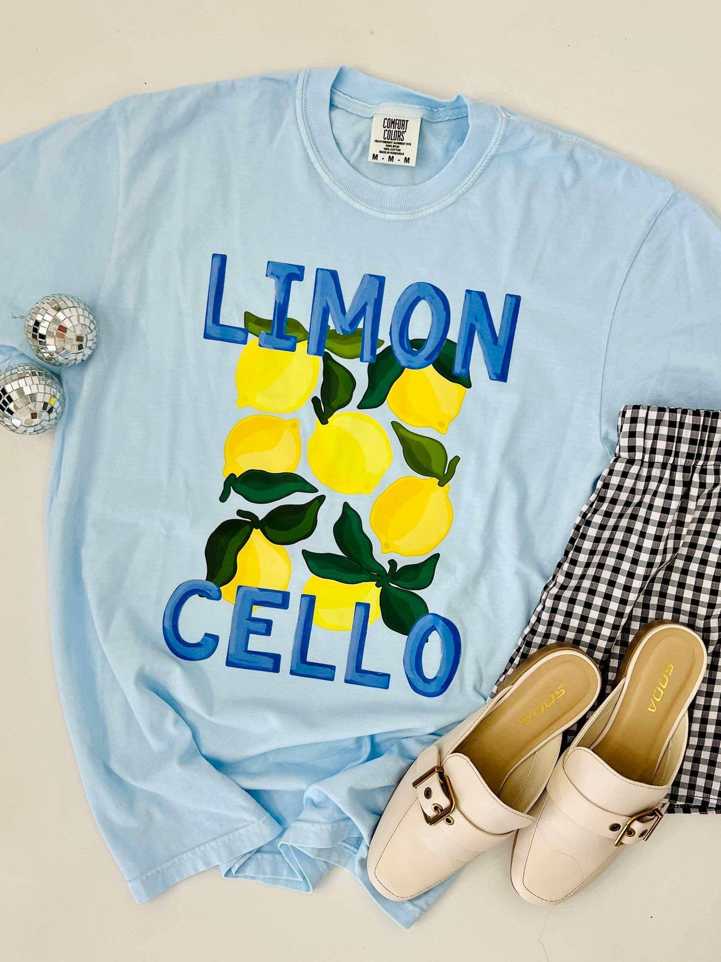 Limon Cello Lemon Graphic Tee - bold blue Limoncello hand-painted lemon design on soft Comfort Colors tee