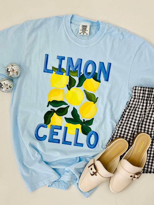 Limon Cello Lemon Graphic Tee - bold blue Limoncello hand-painted lemon design on soft Comfort Colors tee