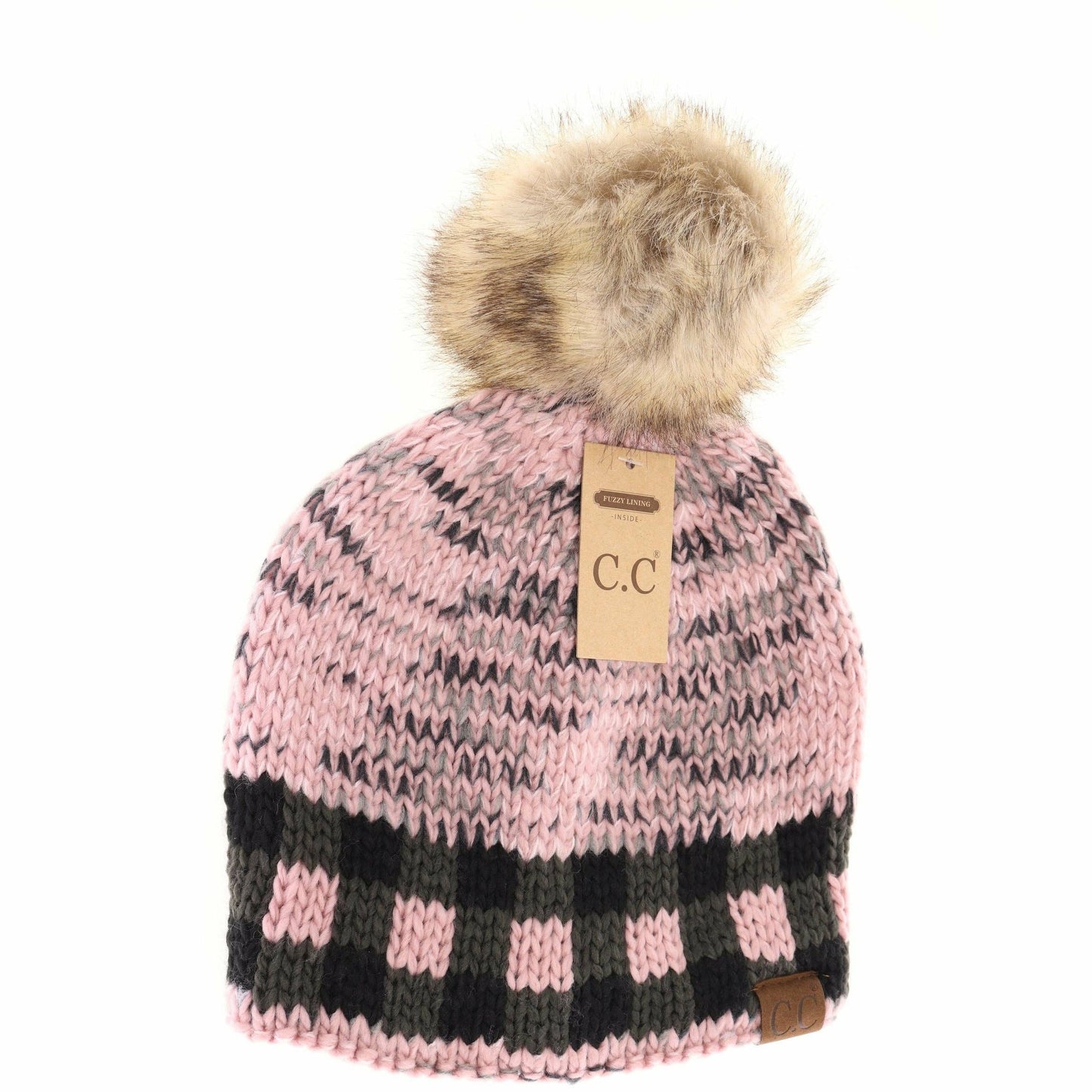 Buffalo Check Mixed Print Fur Pom C.C Beanie