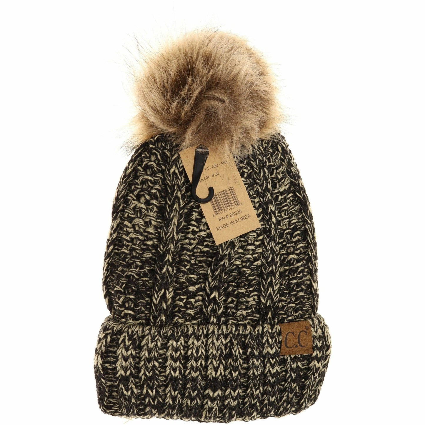 Fuzzy Lined Multi Tone Fur Pom CC Beanie