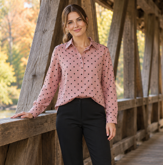 A woman stands on a wooden bridge wearing a pink long-sleeve button-up blouse with small black polka dots, black pants, and black loafers.