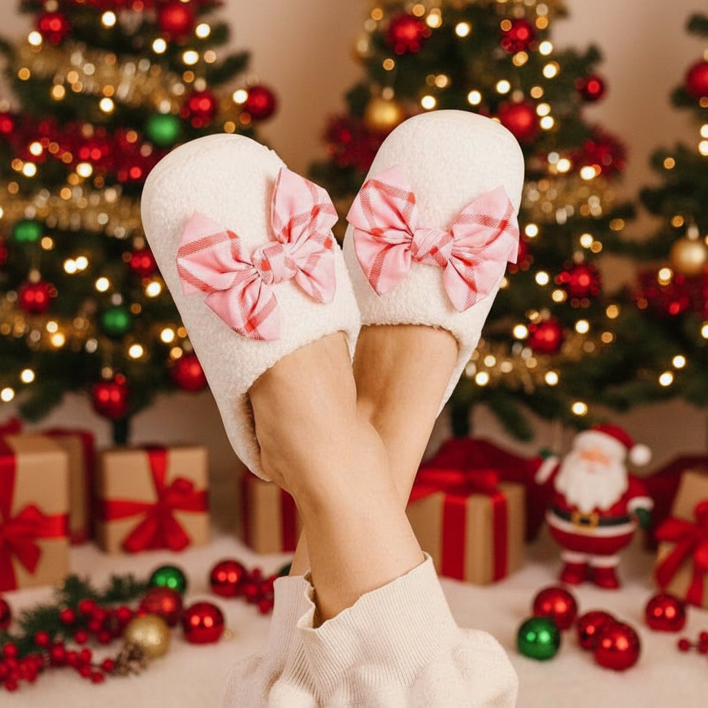 Betty Bow Festive Plaid Fuzzy Slippers