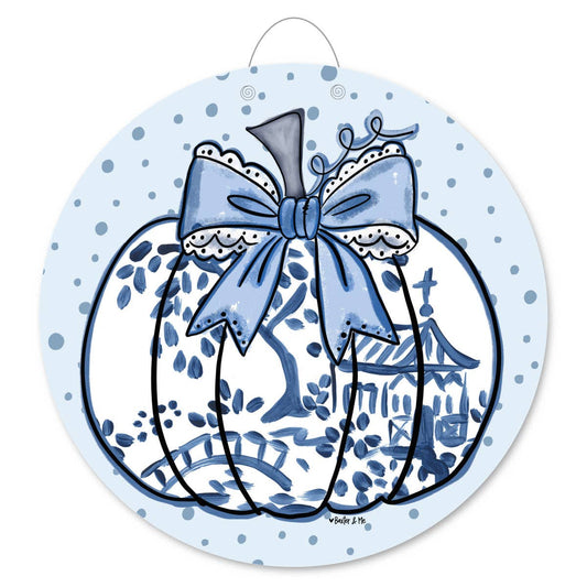 Blue Willow Bow Pumpkin Door Hanger
