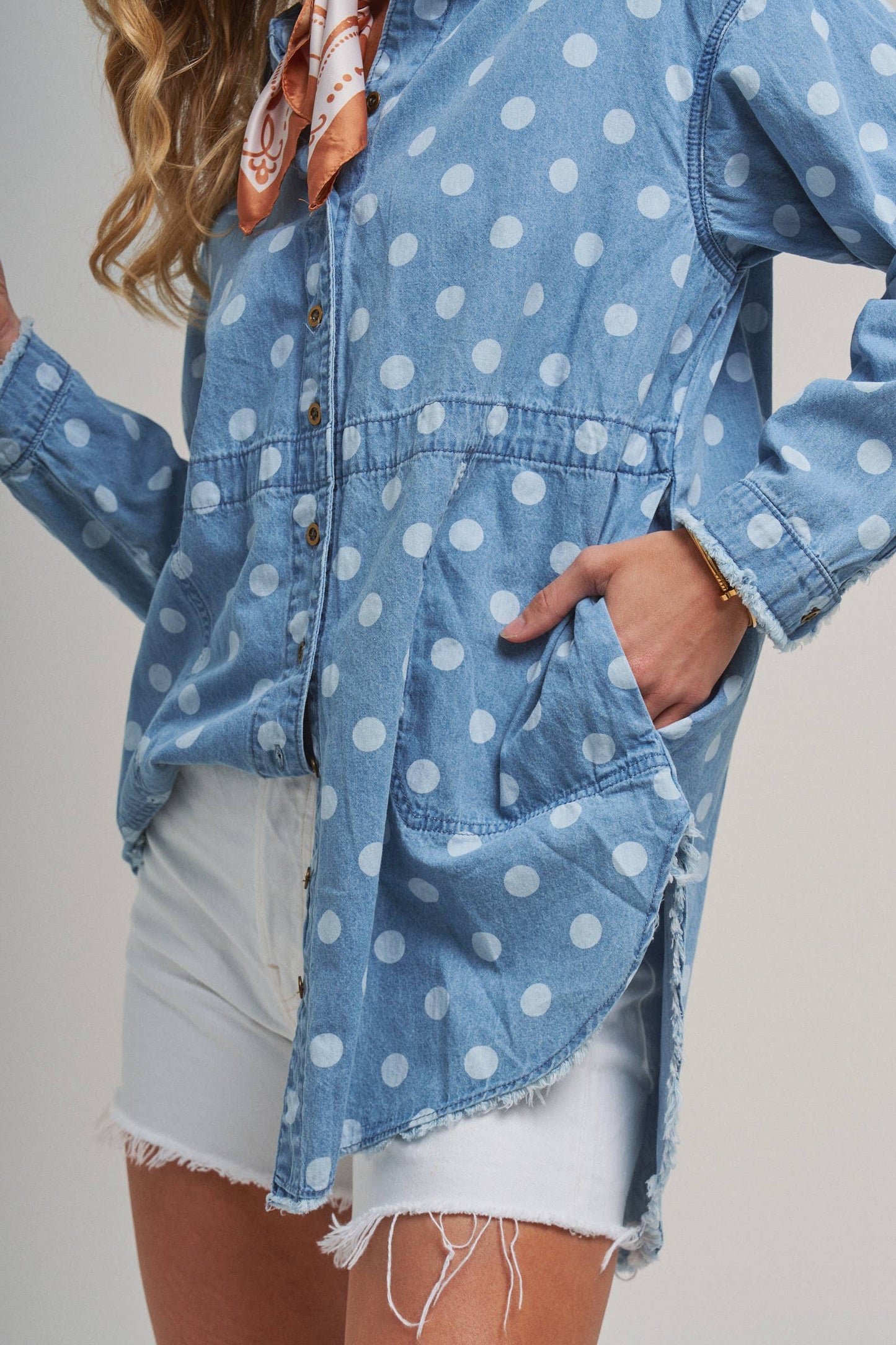 Polka Dot Chambray Button-Up Shirt with Frayed Hem