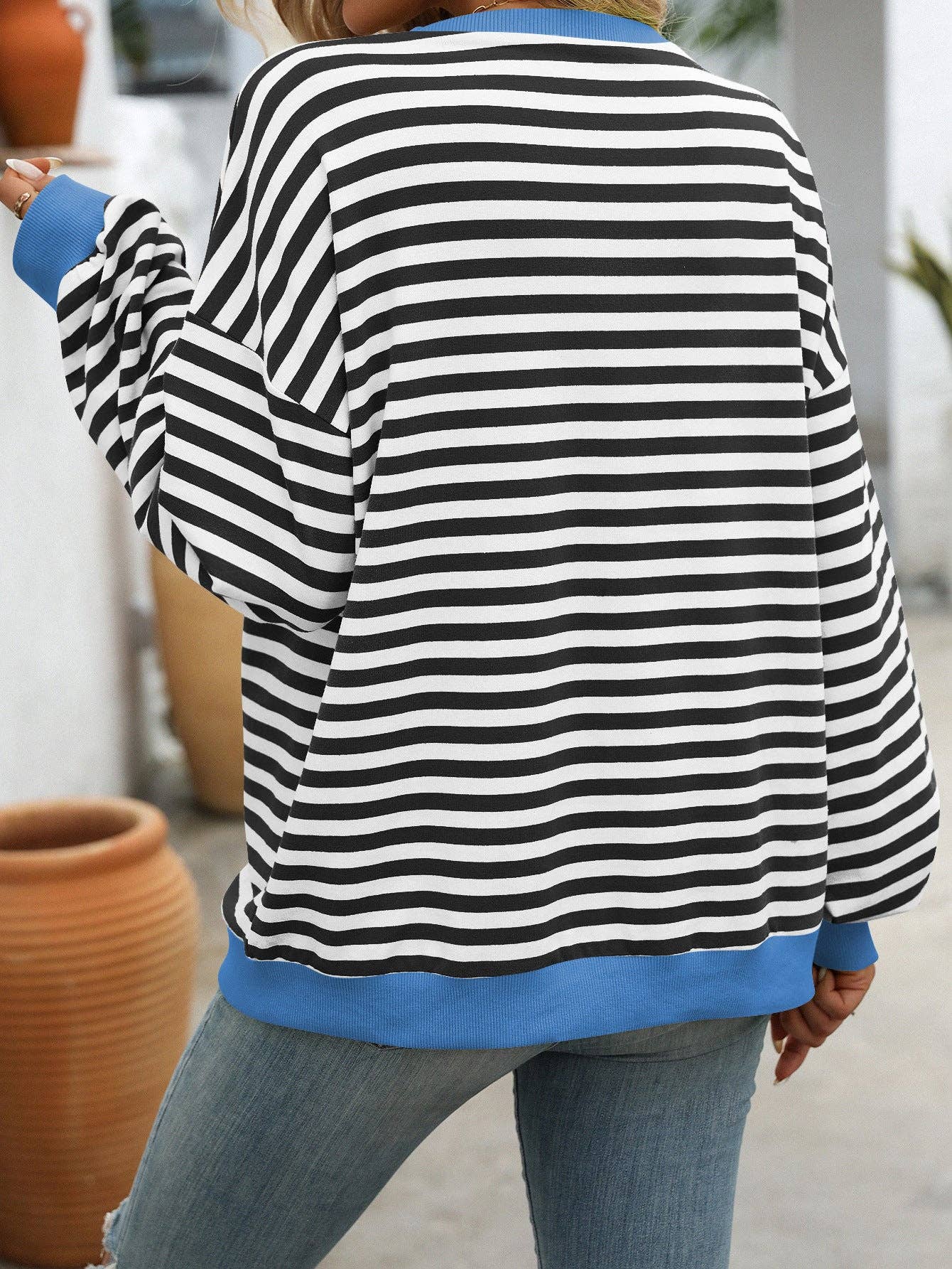 Color Striped Crew Neck Loose Sweatshirt