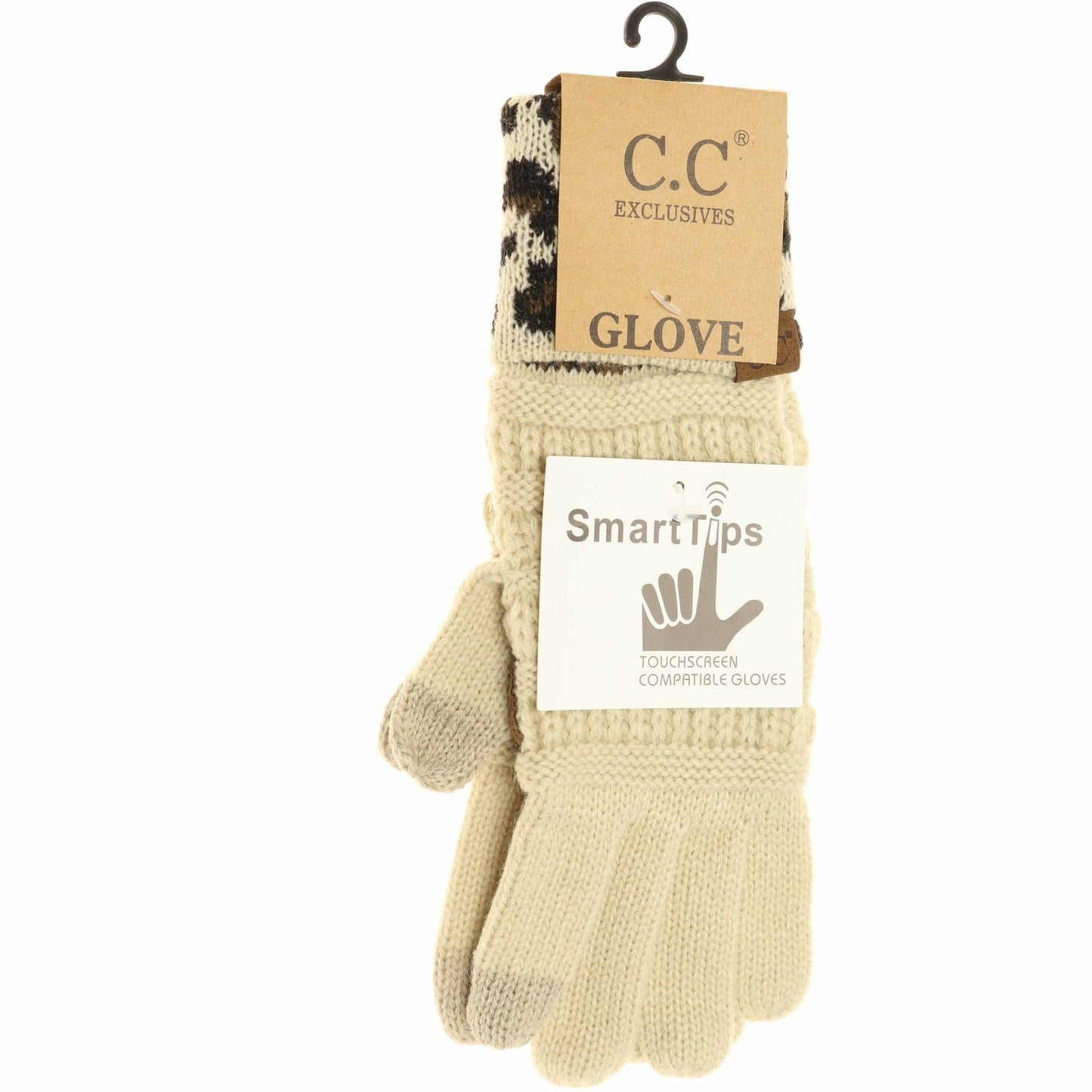 Solid Cable Knit Leopard Cuff CC Women's Gloves