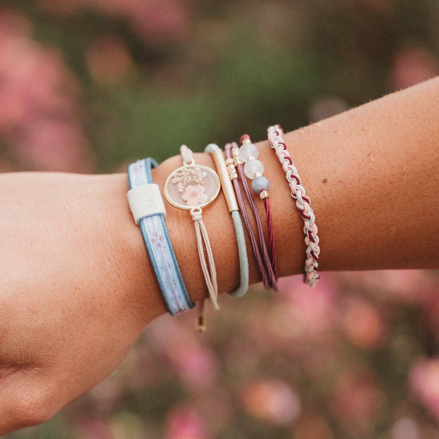 K’Lani Bloom Maroon and Pink with Pressed Flowers Hair Tie Bracelets