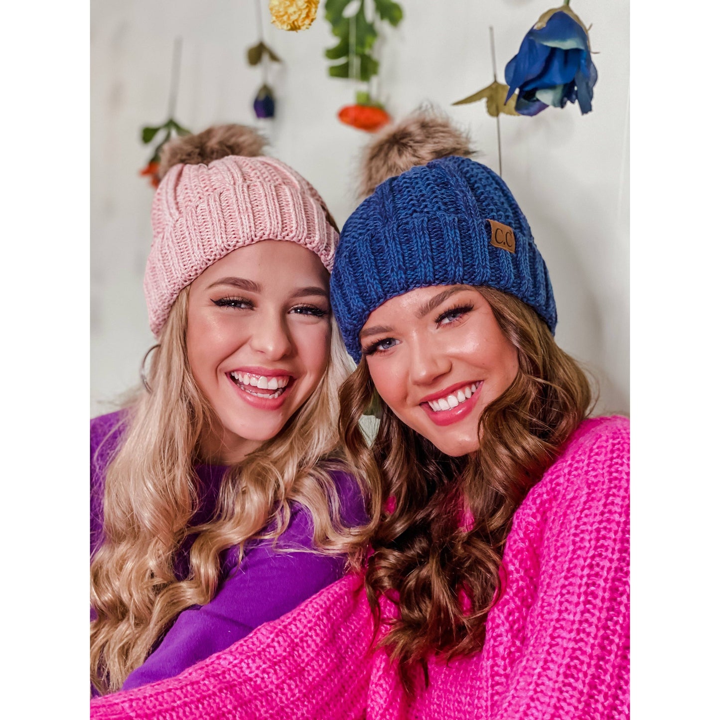 Fuzzy Lined Multi Tone Fur Pom CC Beanie