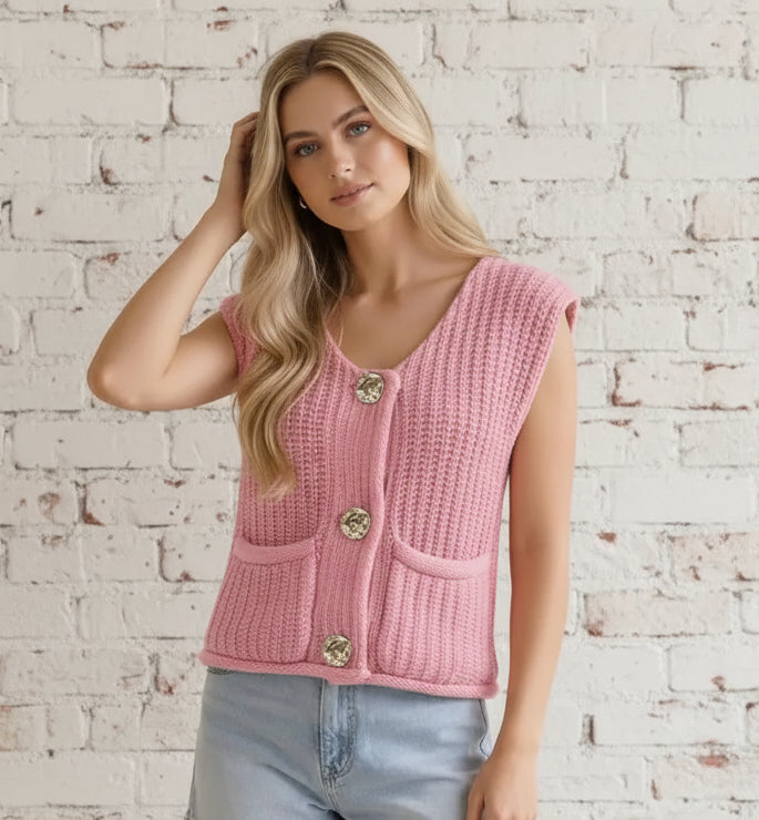 Gold Button Pink Chunky Sweater Vest