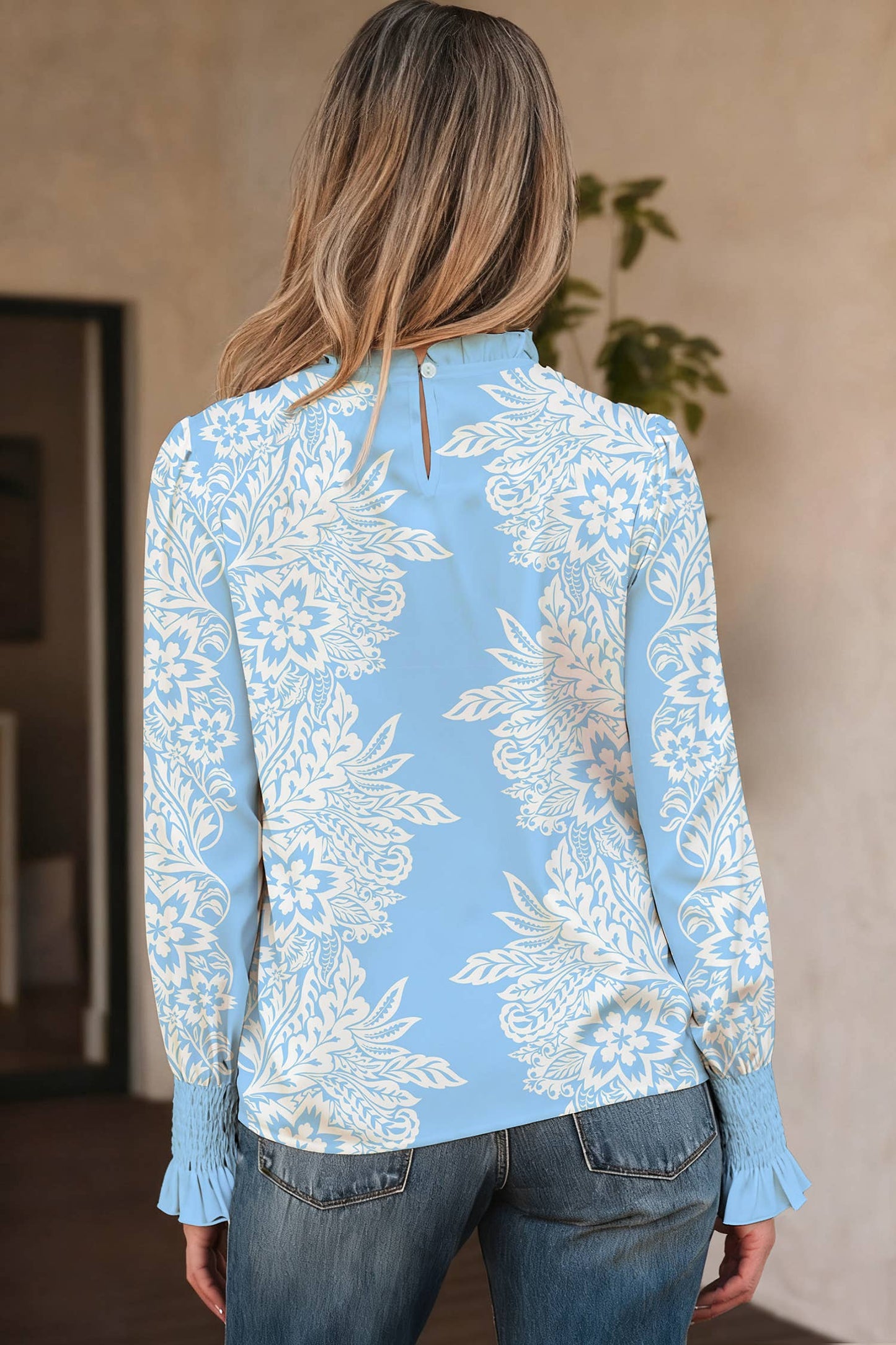 Sky Blue Floral Smocked Cuff Long Sleeve Blouse
