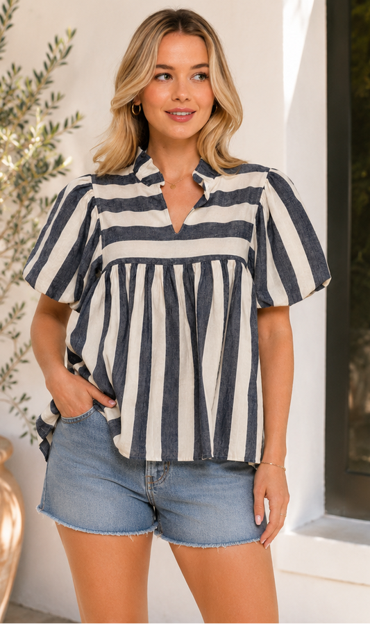 Woman wearing a blue and white striped shirt in various poses outdoors.