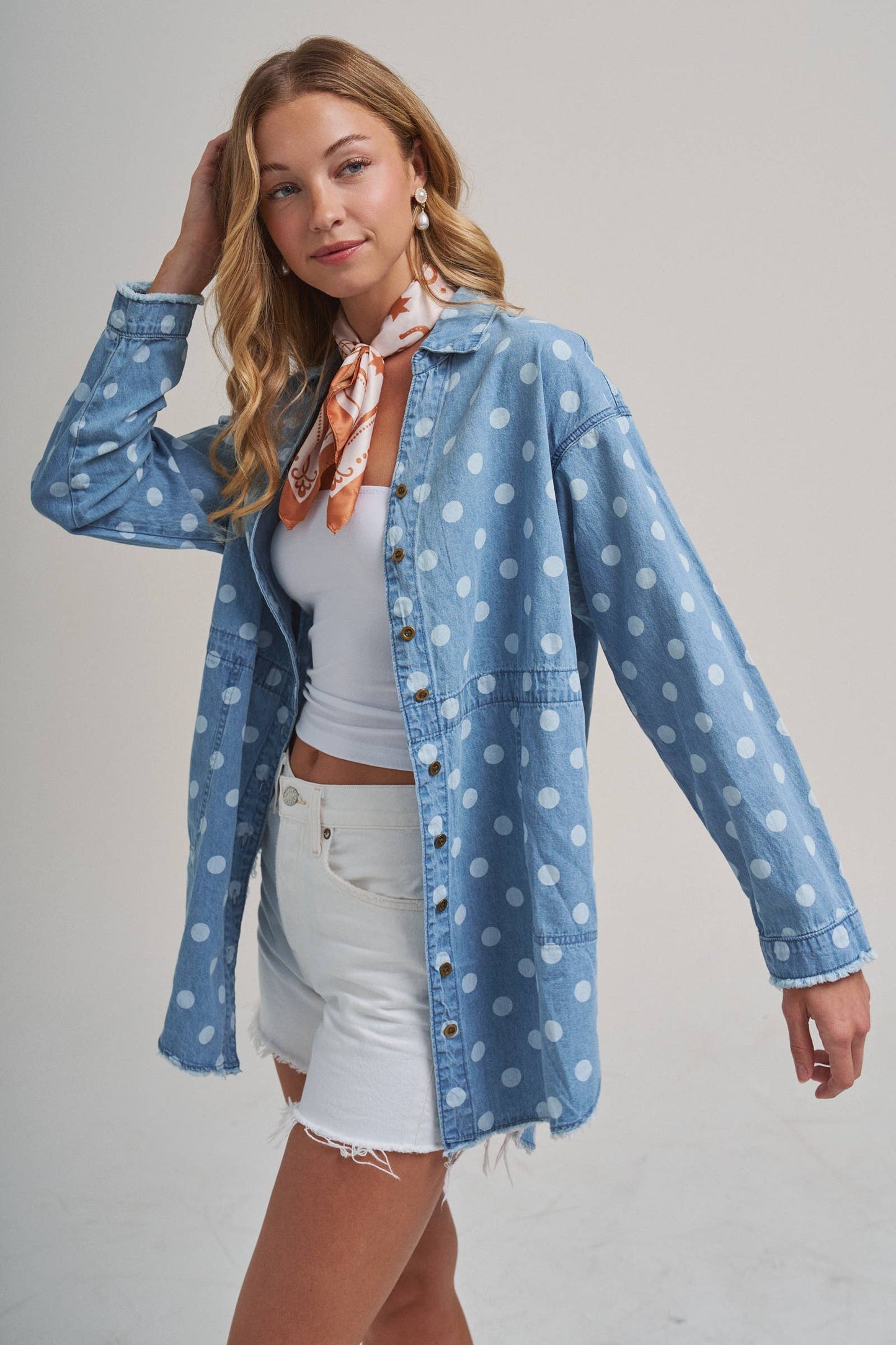 Polka Dot Chambray Button-Up Shirt with Frayed Hem