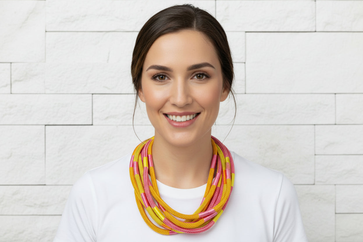 Yellow & Pink Cotton Slub Rope Necklace