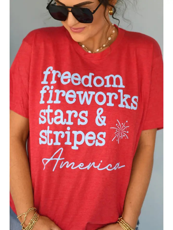 Freedom Fireworks patriotic tee on model - casual summer boutique shirt for 4th of July outfits