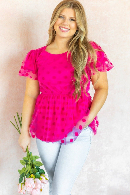 Polka Dot Mesh Peplum Top