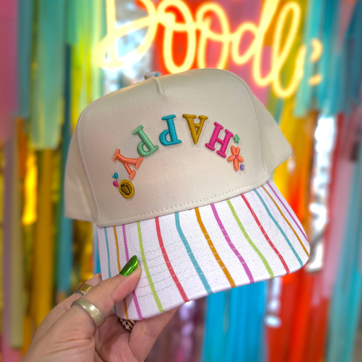 Happy Upside Down Embroidered Trucker Hat