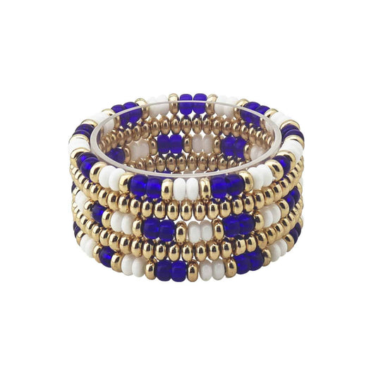 Kentucky blue white and gold beaded stretch bracelet stack set of four