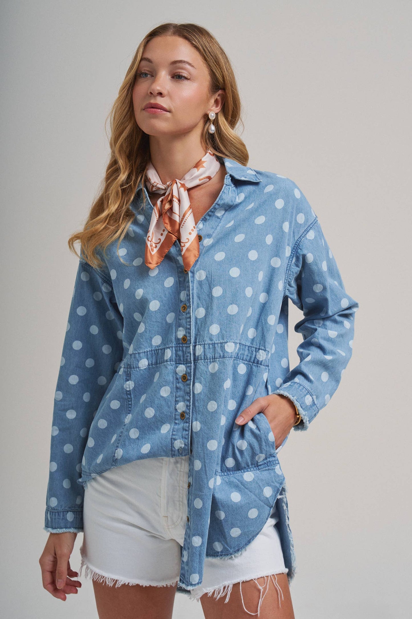 Polka Dot Chambray Button-Up Shirt with Frayed Hem